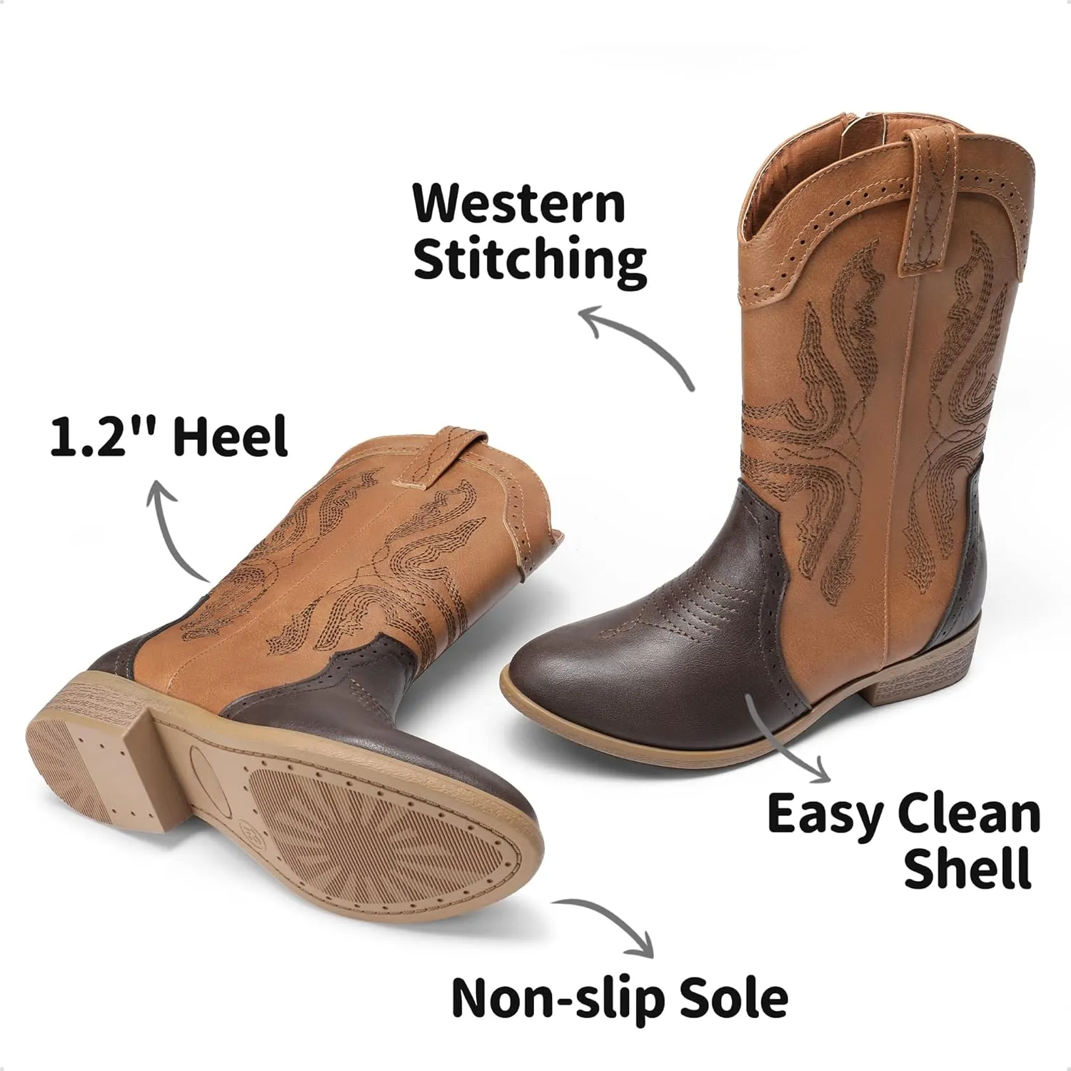 DREAM PAIRS Cowgirl Boots for Girls Boys Cowboy Boots Kids Western Embroidered Mid Calf Riding Shoes with Walking Heel Toddler/Little Kid/Big Kid