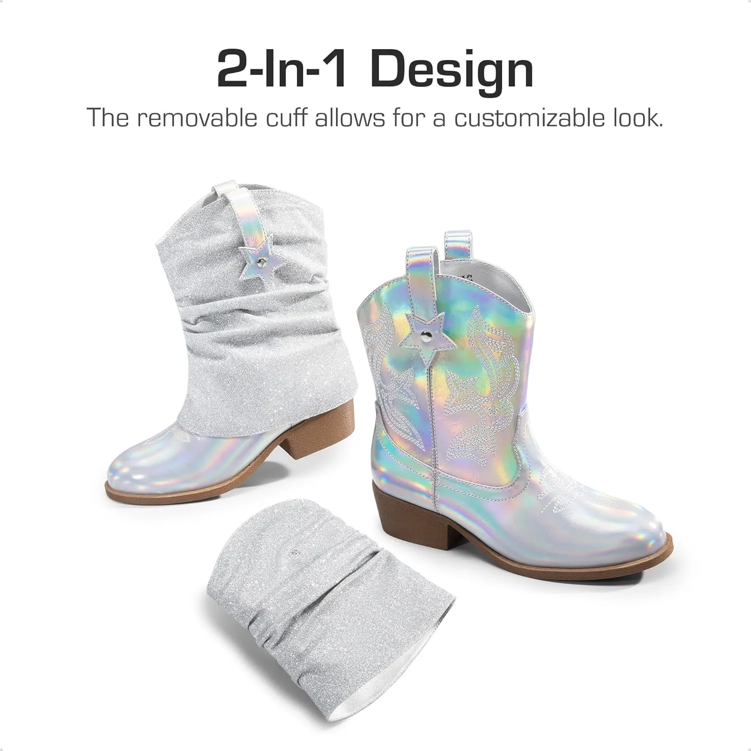 DREAM PAIRS Girls Cowboy Cowgirl Boots 2-in-1 Western Removable Cuff Fold Over Embroidered Fashion Mid Calf Shoes