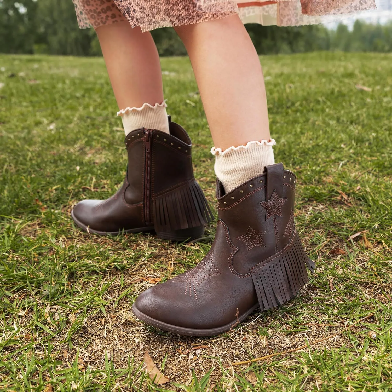 DREAM PAIRS Girls Cowgirl Cowboy Ankle Western Boots Side Zipper Riding Shoes with Tassel Little Kid/Big Kid