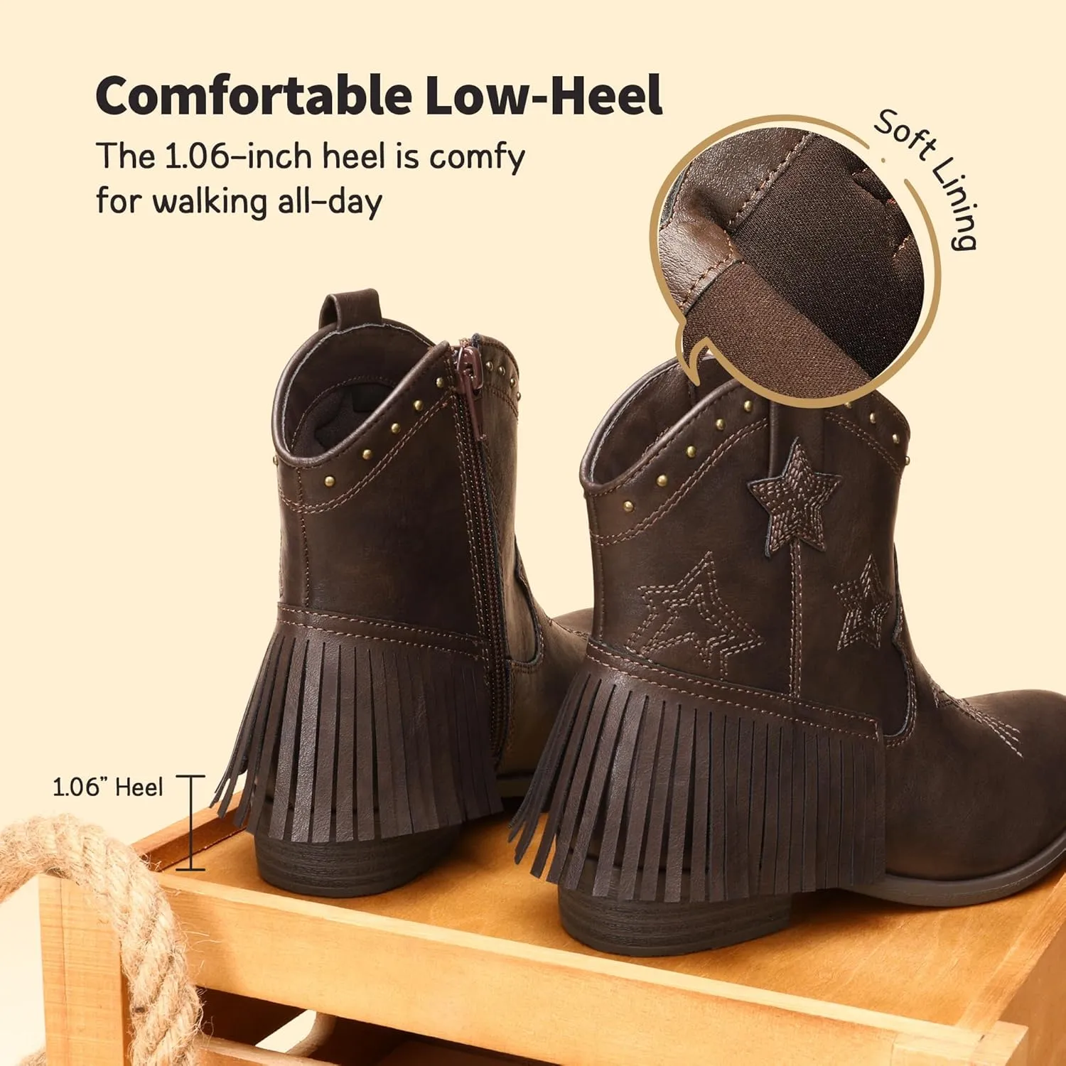 DREAM PAIRS Girls Cowgirl Cowboy Ankle Western Boots Side Zipper Riding Shoes with Tassel Little Kid/Big Kid