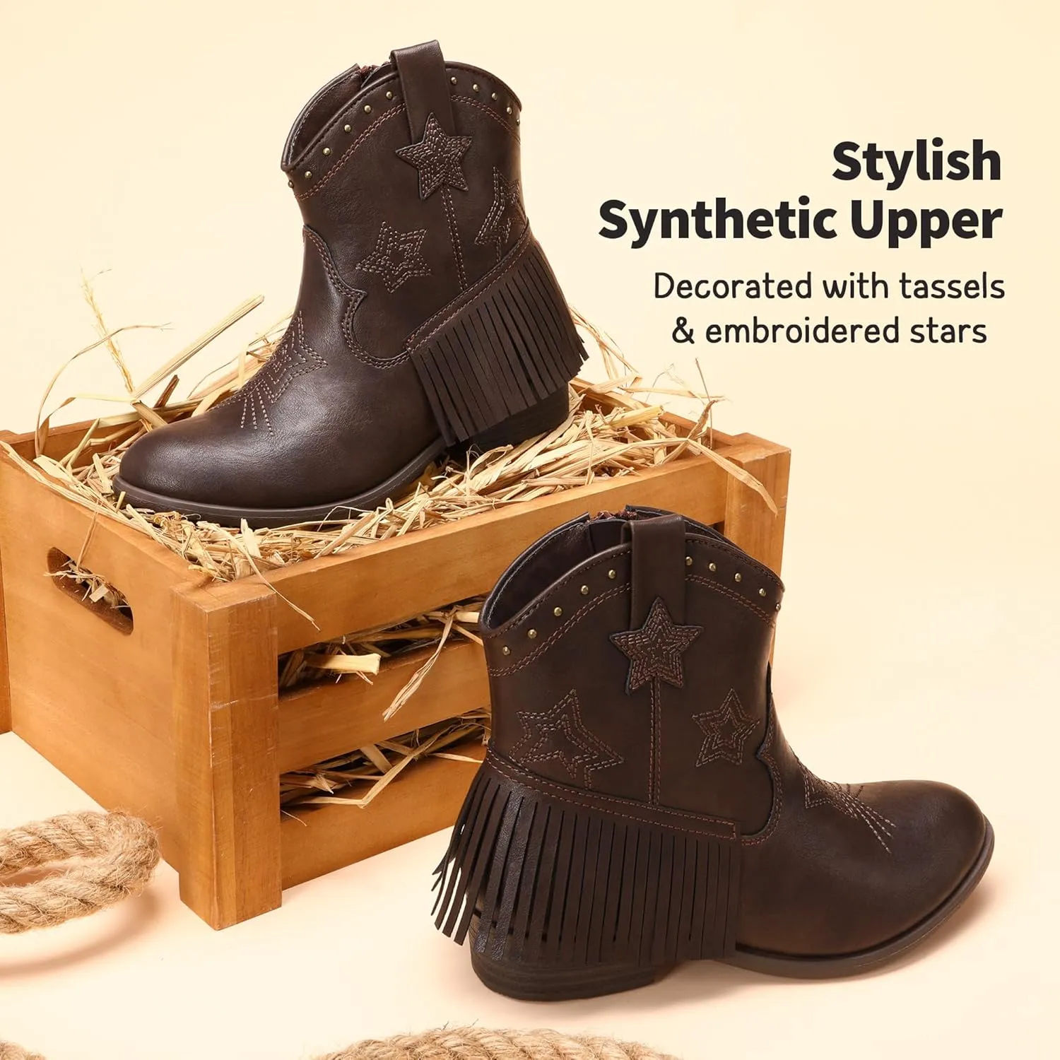 DREAM PAIRS Girls Cowgirl Cowboy Ankle Western Boots Side Zipper Riding Shoes with Tassel Little Kid/Big Kid
