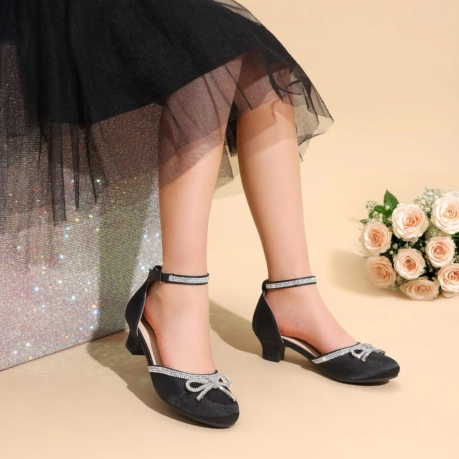 DREAM PAIRS Girls Dress Shoes Closed Toe Low Heels Ankle Strap Pumps for Toddler Little Big Kid Flower Party Wedding Princess