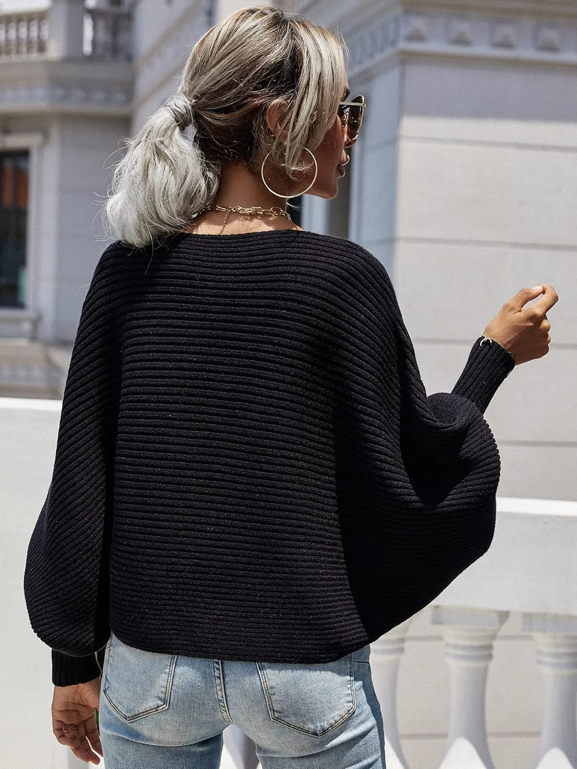 ECOWISH Women Sweater Long Sleeve Color Block Knit Pullover Sweaters Crew Neck Patchwork Casual Loose Jumper Tops