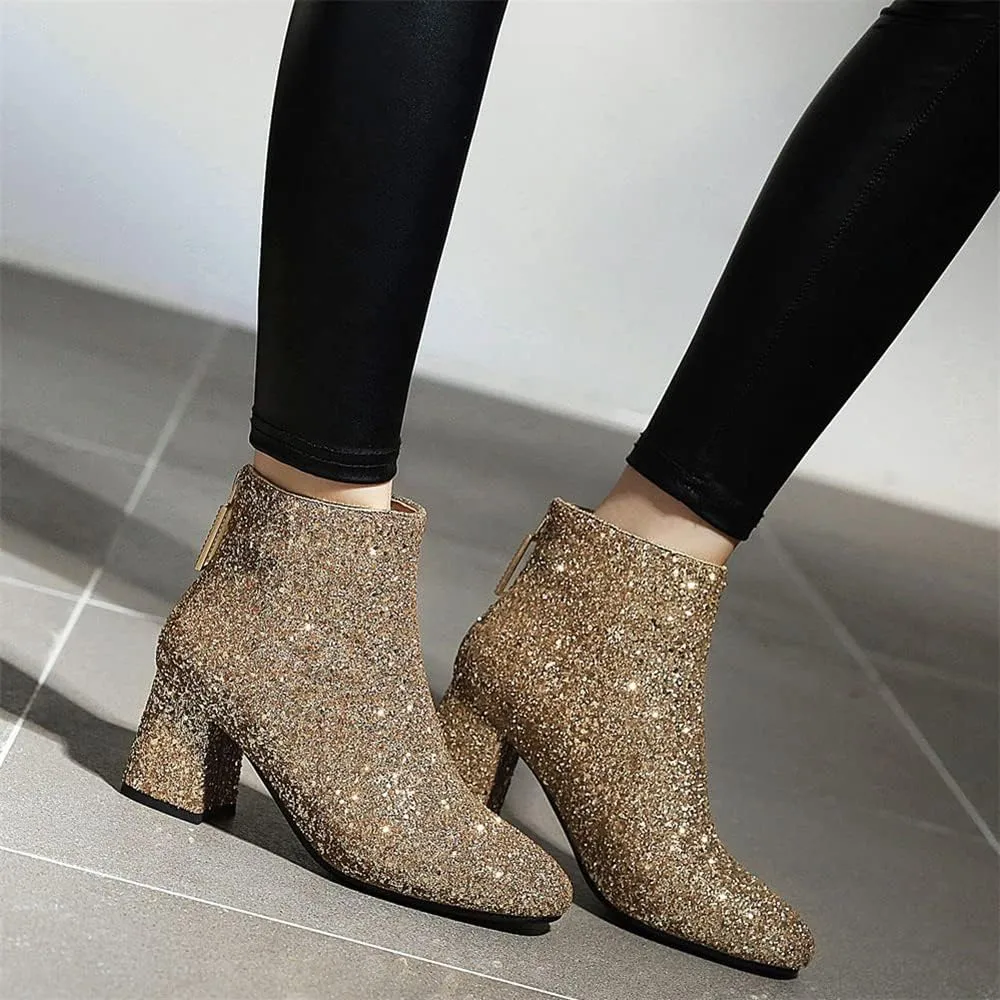 Elbslutt Women's Glitter Sparkly Booties Chunky Heels Ankle Boots Back Zipper Block Heeled Short Sequin Boots Wedding Bridal Party Dress Shoes