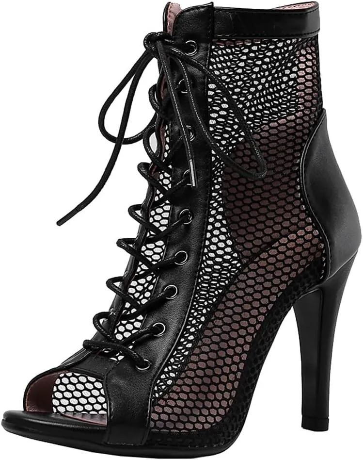 Elbslutt Women's Peep Toe Mesh Ankle Boots Stilettos Lace Up Summer Booties High Heeled Sandals Dress Boots