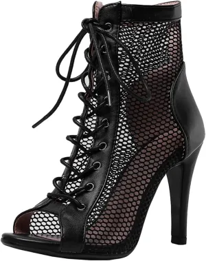 Elbslutt Women's Peep Toe Mesh Ankle Boots Stilettos Lace Up Summer Booties High Heeled Sandals Dress Boots