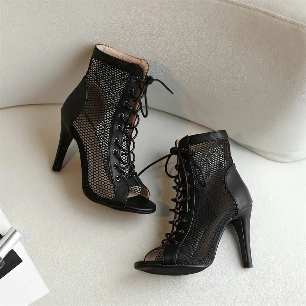 Elbslutt Women's Peep Toe Mesh Ankle Boots Stilettos Lace Up Summer Booties High Heeled Sandals Dress Boots