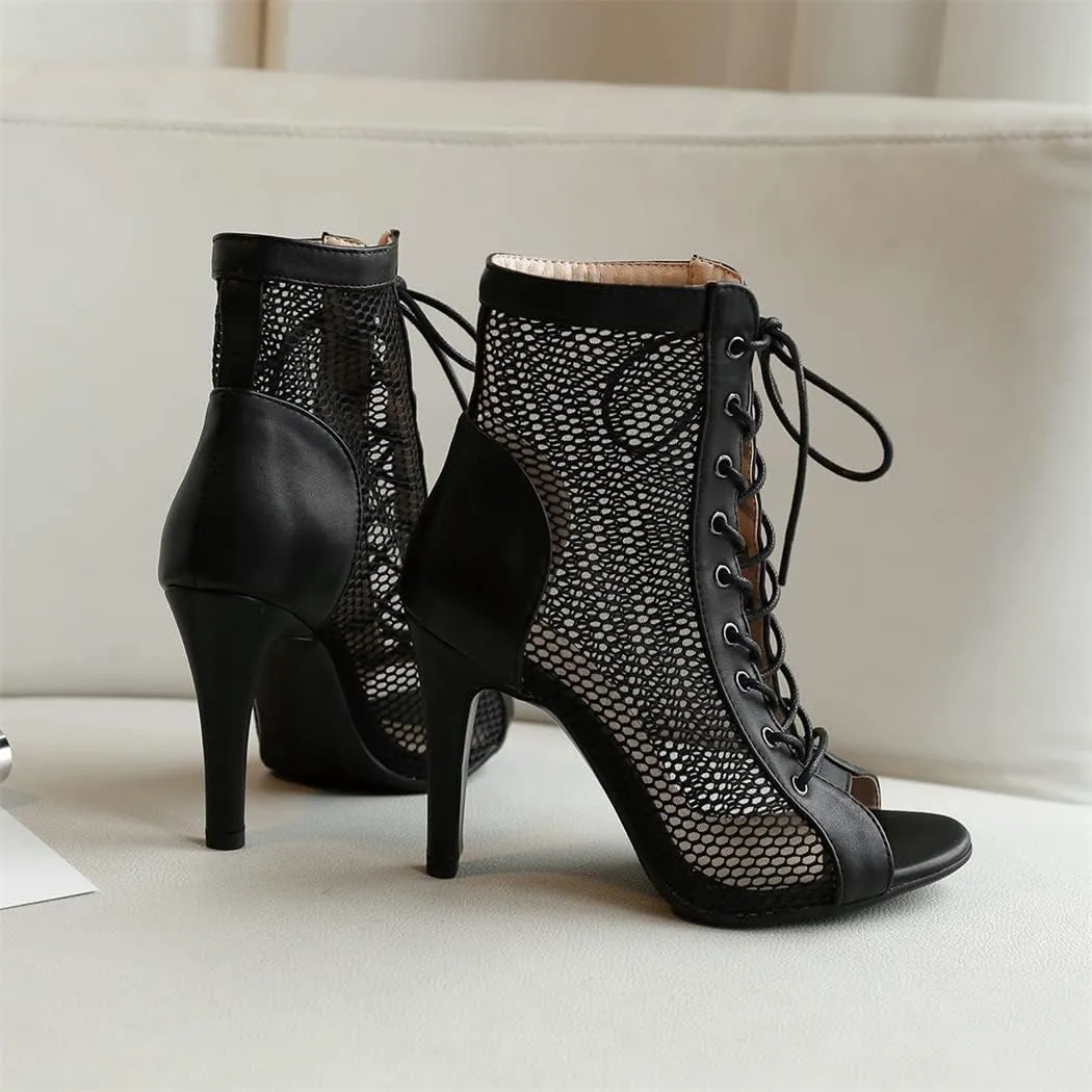 Elbslutt Women's Peep Toe Mesh Ankle Boots Stilettos Lace Up Summer Booties High Heeled Sandals Dress Boots