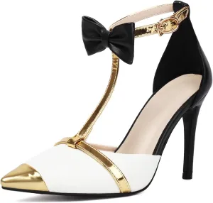 Elegant T-Strap Bow Knot High Heels Pointed Toe Stiletto Strappy Pumps