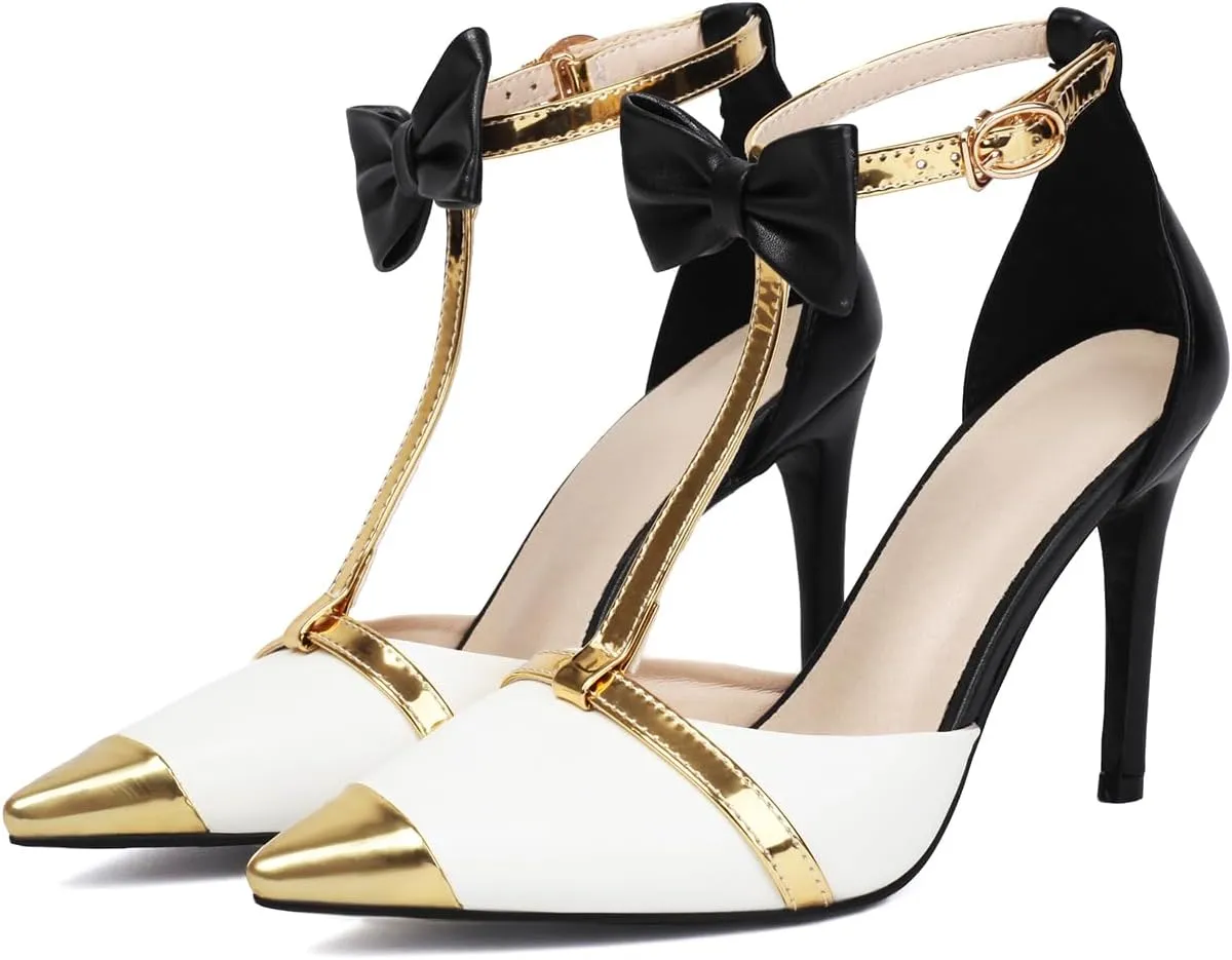 Elegant T-Strap Bow Knot High Heels Pointed Toe Stiletto Strappy Pumps