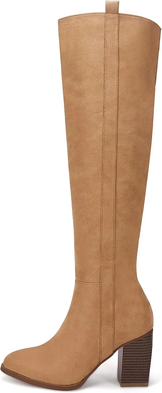 Ermonn Womens Faux Suede Knee High Side Zipper Chunky Heel Stretch Winter Boots