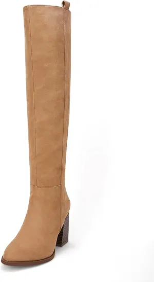 Ermonn Womens Faux Suede Knee High Side Zipper Chunky Heel Stretch Winter Boots