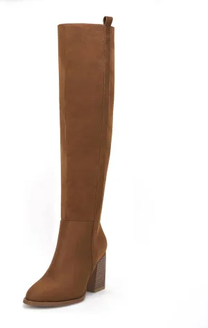 Ermonn Womens Faux Suede Knee High Side Zipper Chunky Heel Stretch Winter Boots