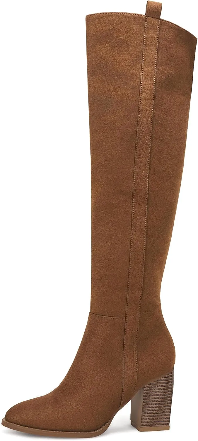 Ermonn Womens Faux Suede Knee High Side Zipper Chunky Heel Stretch Winter Boots