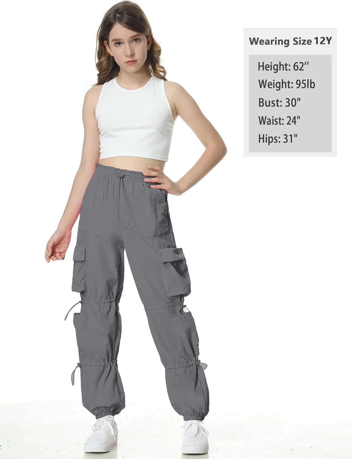 EXARUS Girls Parachute Pants Cargo Baggy Hip Hop Drawstring with Pockets Elastic Y2K for Kids 8-14Y