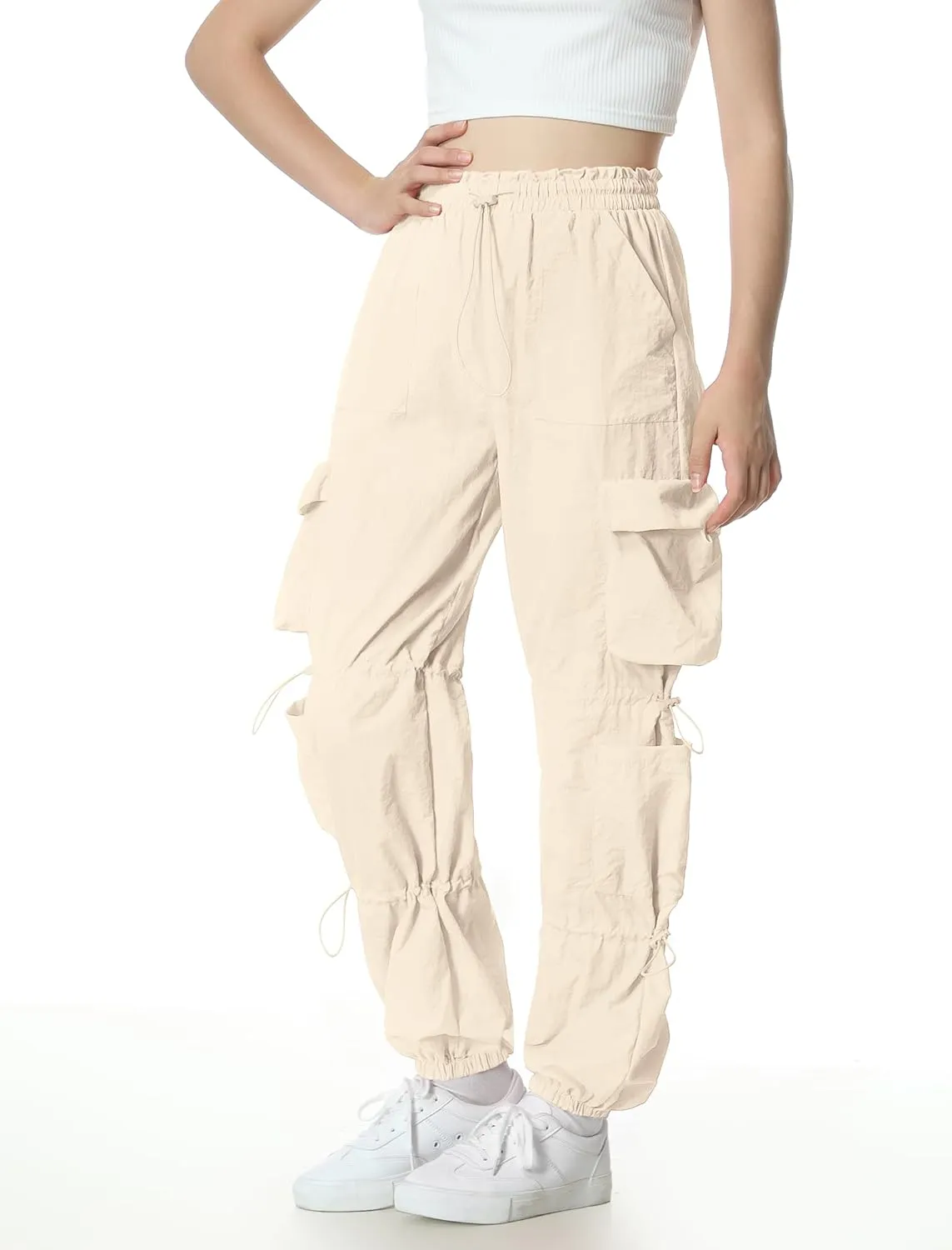 EXARUS Girls Parachute Pants Cargo Baggy Hip Hop Drawstring with Pockets Elastic Y2K for Kids 8-14Y
