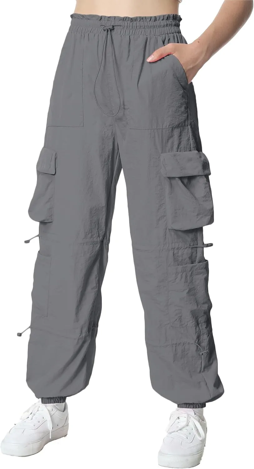 EXARUS Girls Parachute Pants Cargo Baggy Hip Hop Drawstring with Pockets Elastic Y2K for Kids 8-14Y