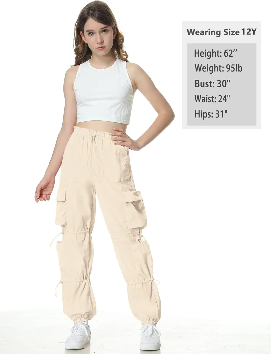 EXARUS Girls Parachute Pants Cargo Baggy Hip Hop Drawstring with Pockets Elastic Y2K for Kids 8-14Y