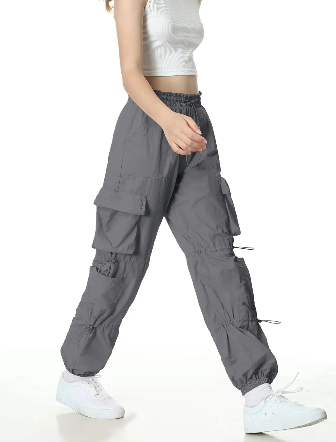 EXARUS Girls Parachute Pants Cargo Baggy Hip Hop Drawstring with Pockets Elastic Y2K for Kids 8-14Y