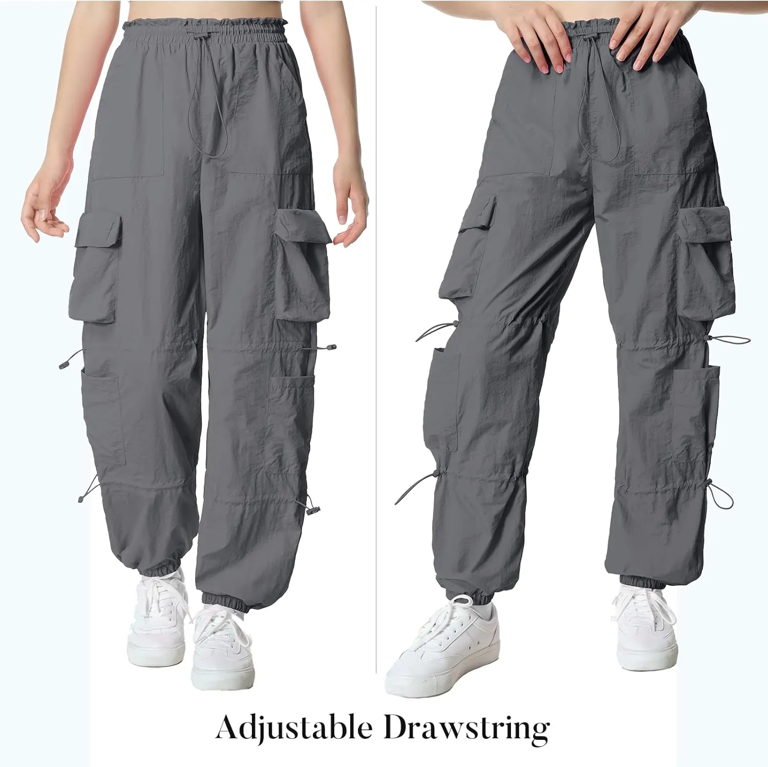 EXARUS Girls Parachute Pants Cargo Baggy Hip Hop Drawstring with Pockets Elastic Y2K for Kids 8-14Y