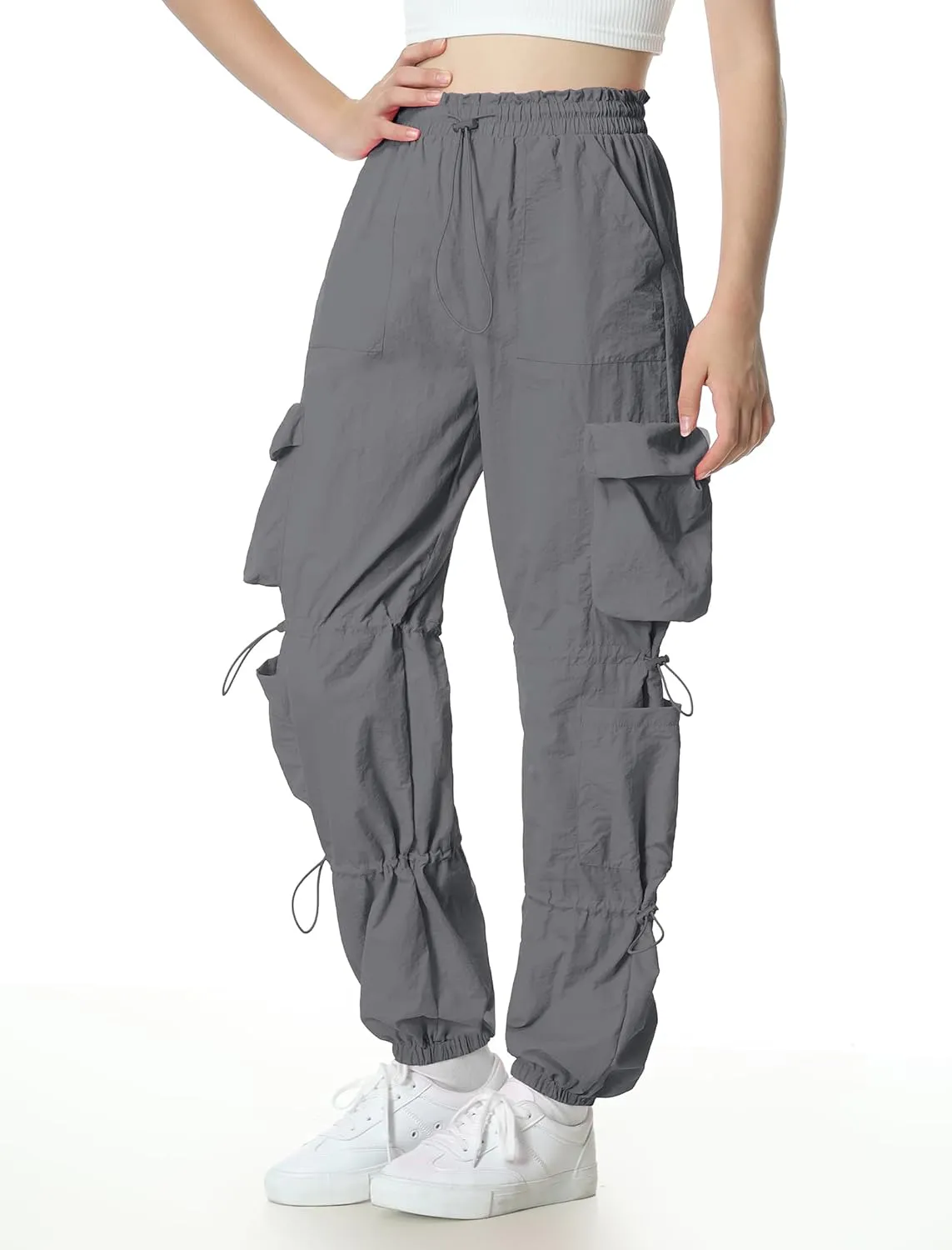 EXARUS Girls Parachute Pants Cargo Baggy Hip Hop Drawstring with Pockets Elastic Y2K for Kids 8-14Y