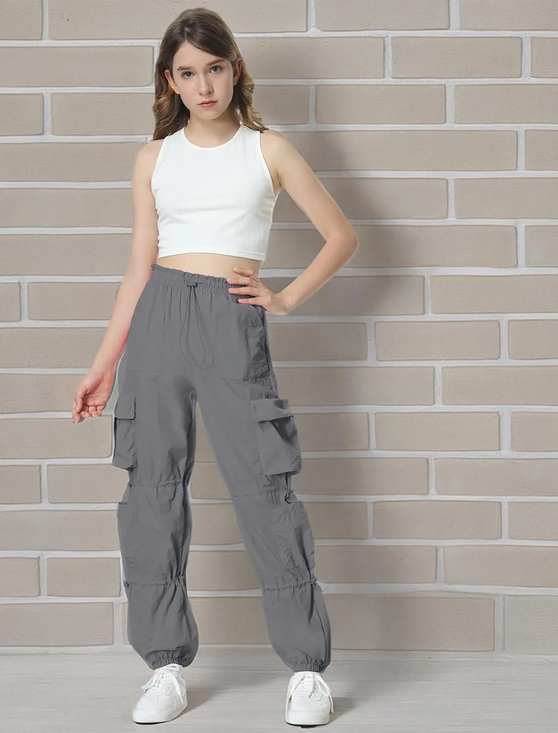 EXARUS Girls Parachute Pants Cargo Baggy Hip Hop Drawstring with Pockets Elastic Y2K for Kids 8-14Y