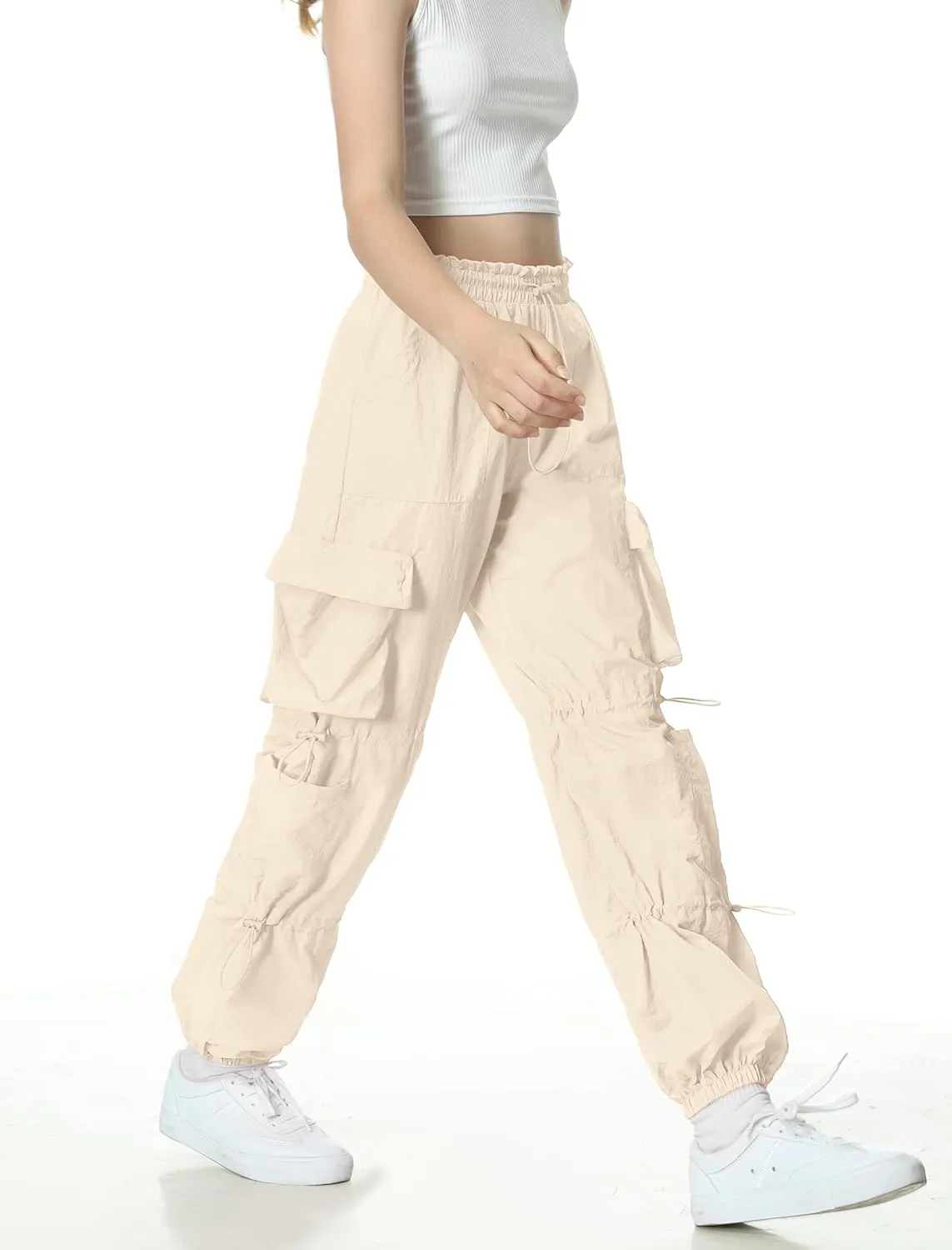 EXARUS Girls Parachute Pants Cargo Baggy Hip Hop Drawstring with Pockets Elastic Y2K for Kids 8-14Y