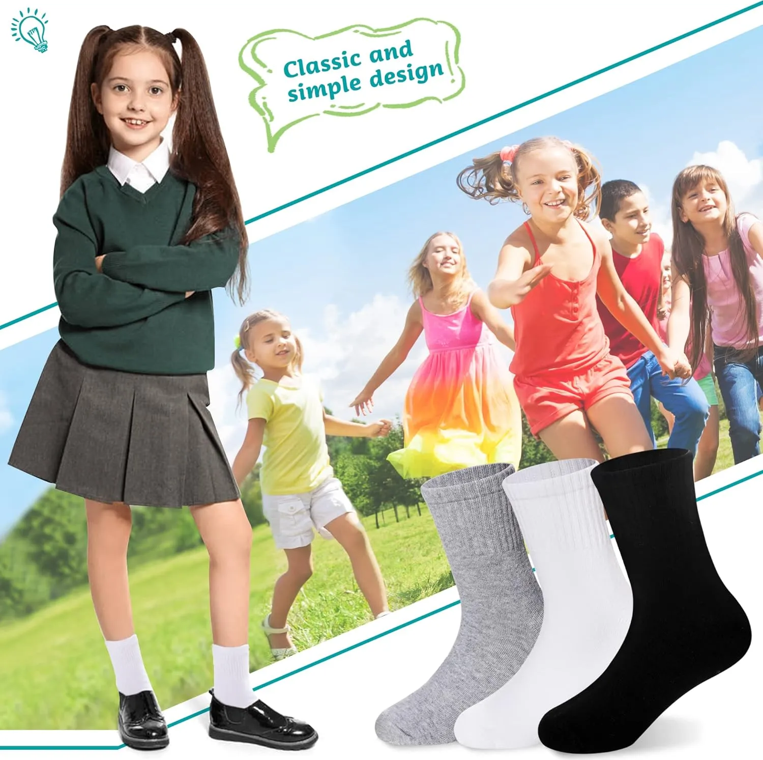 Eyean Kids Athletic Crew Socks Boys Girls Cotton School Uniform Casual Basic Socks 6 Pairs