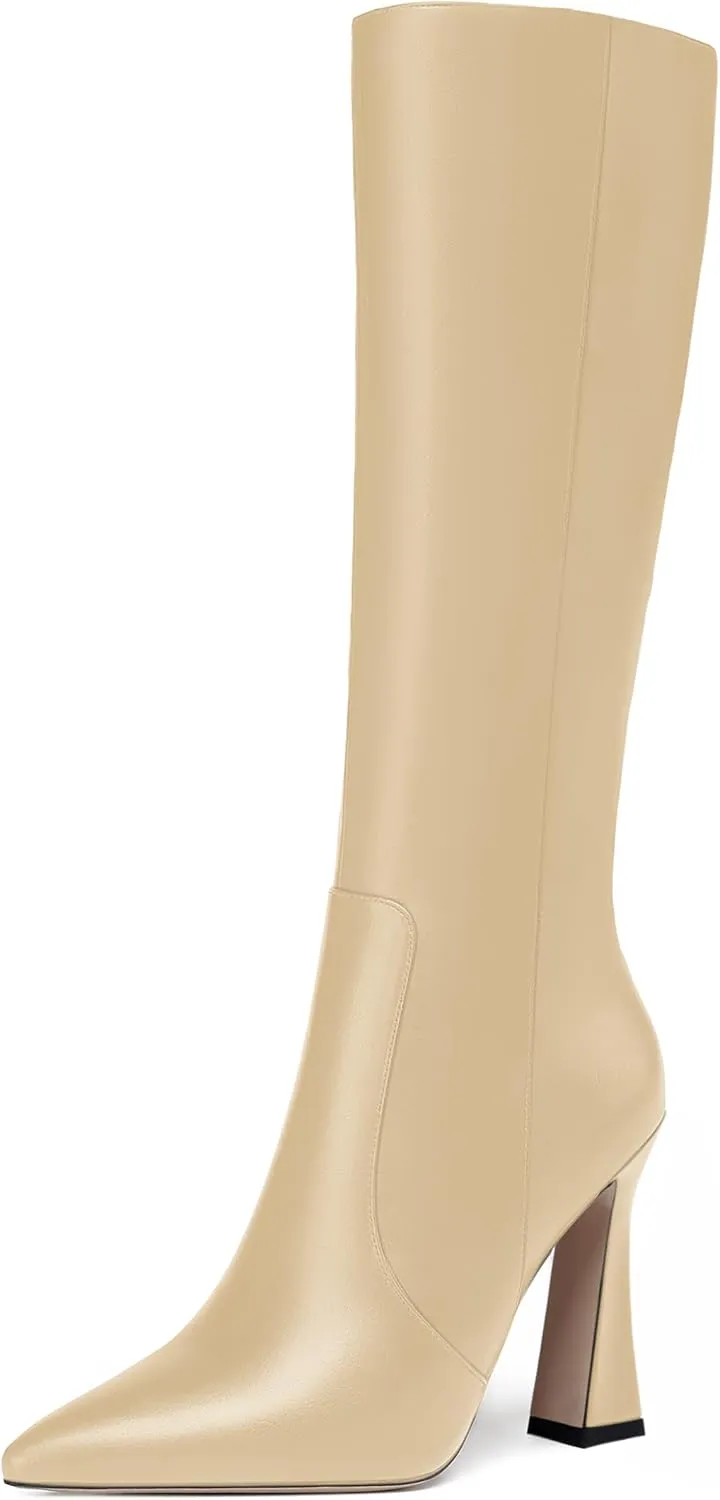 FEMSTEP Womens Formal Zip Outdoor Pointed Toe Matte Spool High Heel Knee High Boots 4 Inch