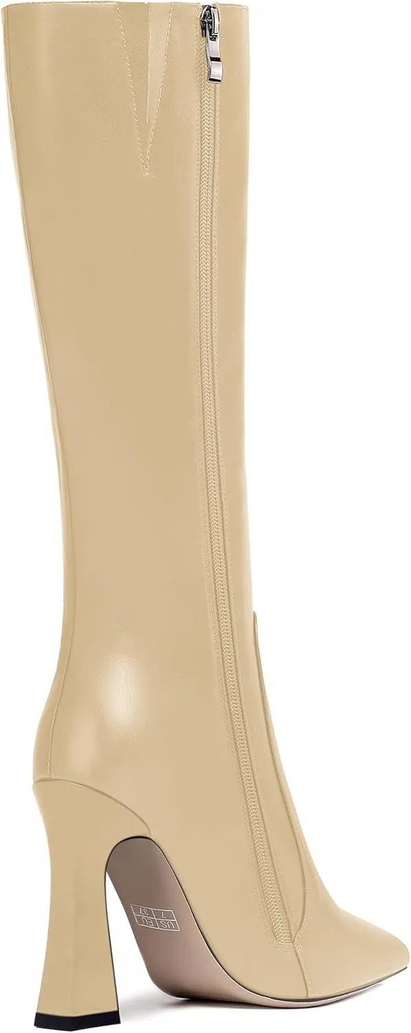 FEMSTEP Womens Formal Zip Outdoor Pointed Toe Matte Spool High Heel Knee High Boots 4 Inch