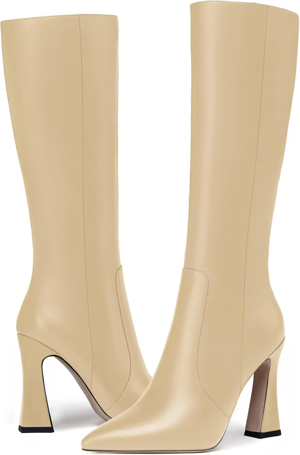 FEMSTEP Womens Formal Zip Outdoor Pointed Toe Matte Spool High Heel Knee High Boots 4 Inch