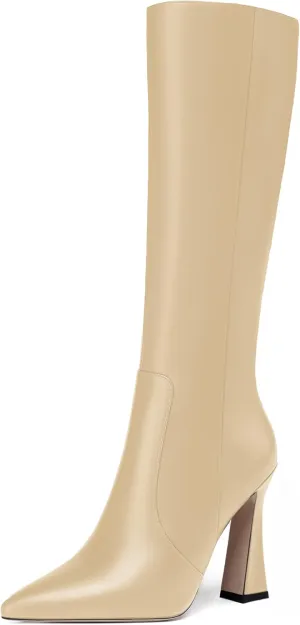 FEMSTEP Womens Formal Zip Outdoor Pointed Toe Matte Spool High Heel Knee High Boots 4 Inch