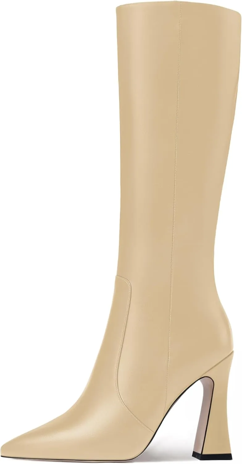FEMSTEP Womens Formal Zip Outdoor Pointed Toe Matte Spool High Heel Knee High Boots 4 Inch