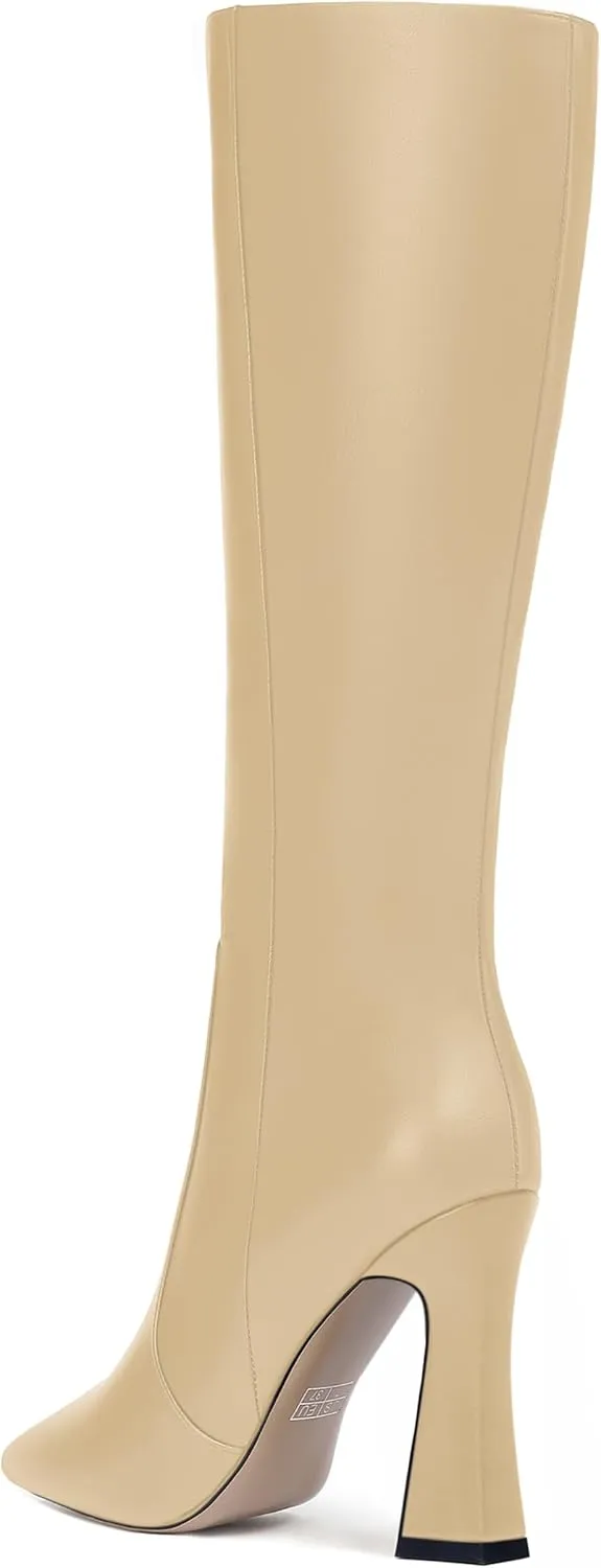 FEMSTEP Womens Formal Zip Outdoor Pointed Toe Matte Spool High Heel Knee High Boots 4 Inch