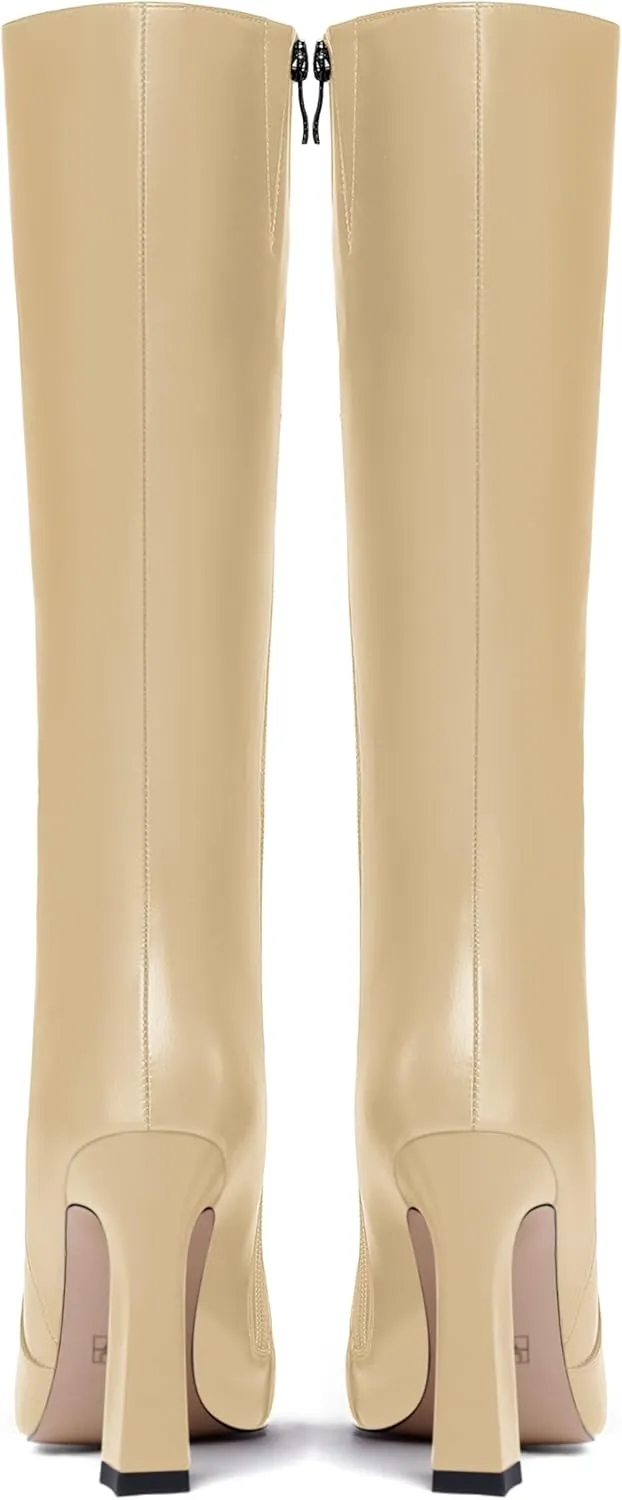 FEMSTEP Womens Formal Zip Outdoor Pointed Toe Matte Spool High Heel Knee High Boots 4 Inch