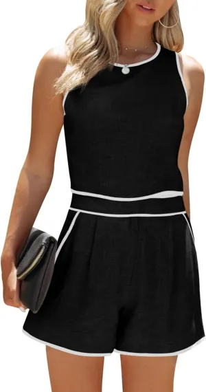 Fessceruna Women's 2 Piece Outfits Sleeveless Crop Zip Back Tank Top and High Waist Shorts Summer Contrast Workout Sets