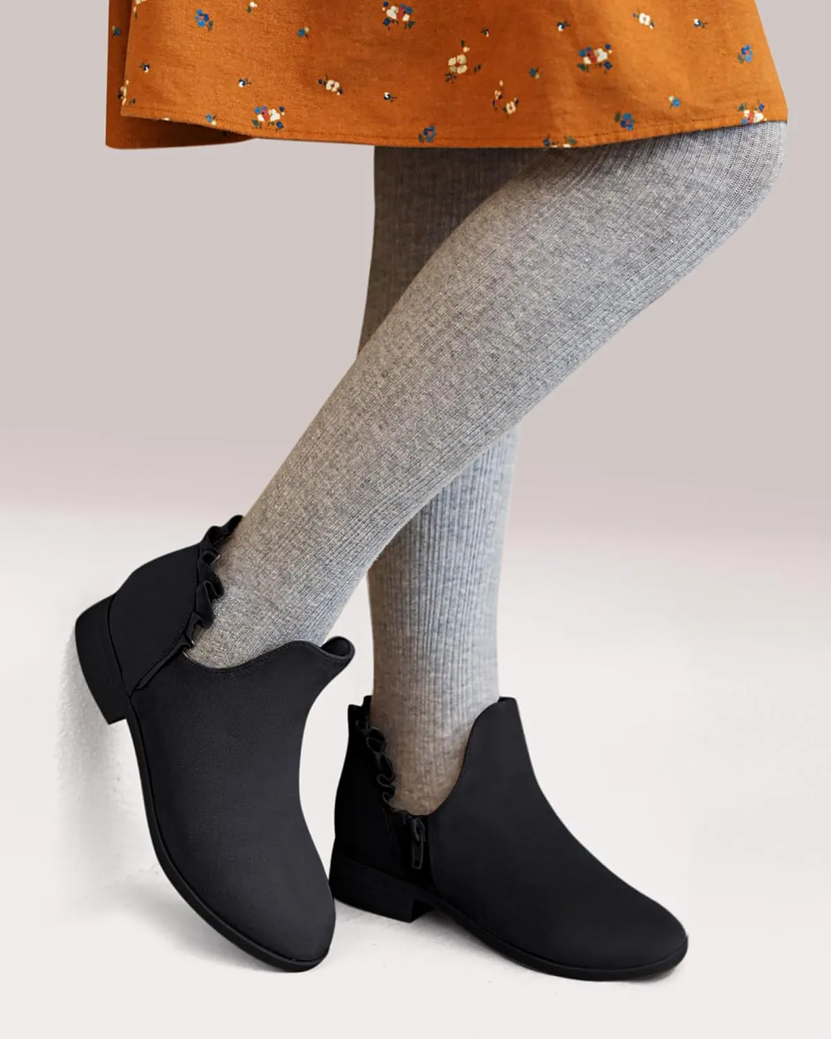 FISACE Girls Ruffled Ankle Boots V Cut Out Chunky Low Heel Dressy Western Booties