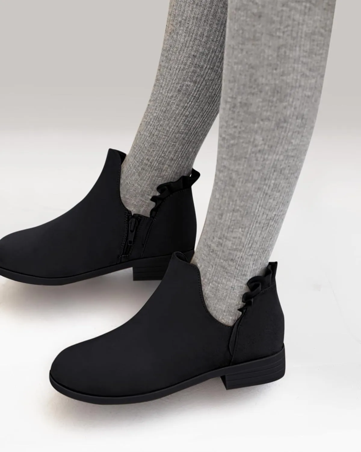 FISACE Girls Ruffled Ankle Boots V Cut Out Chunky Low Heel Dressy Western Booties
