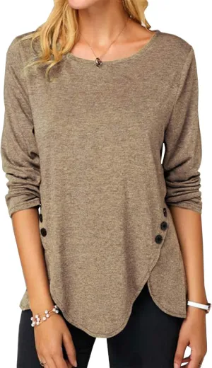 Fisoew Womens Casual Long Sleeve Tunic Tops Round Neck Shirt Button Side Basic Tees Wearring with Leggings 2024