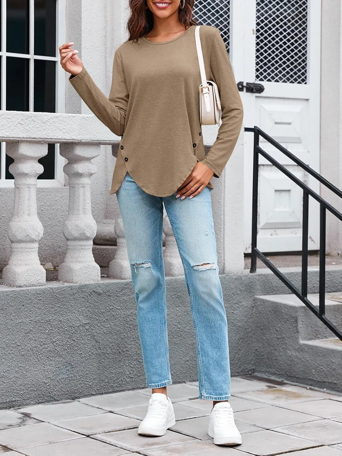 Fisoew Womens Casual Long Sleeve Tunic Tops Round Neck Shirt Button Side Basic Tees Wearring with Leggings 2024