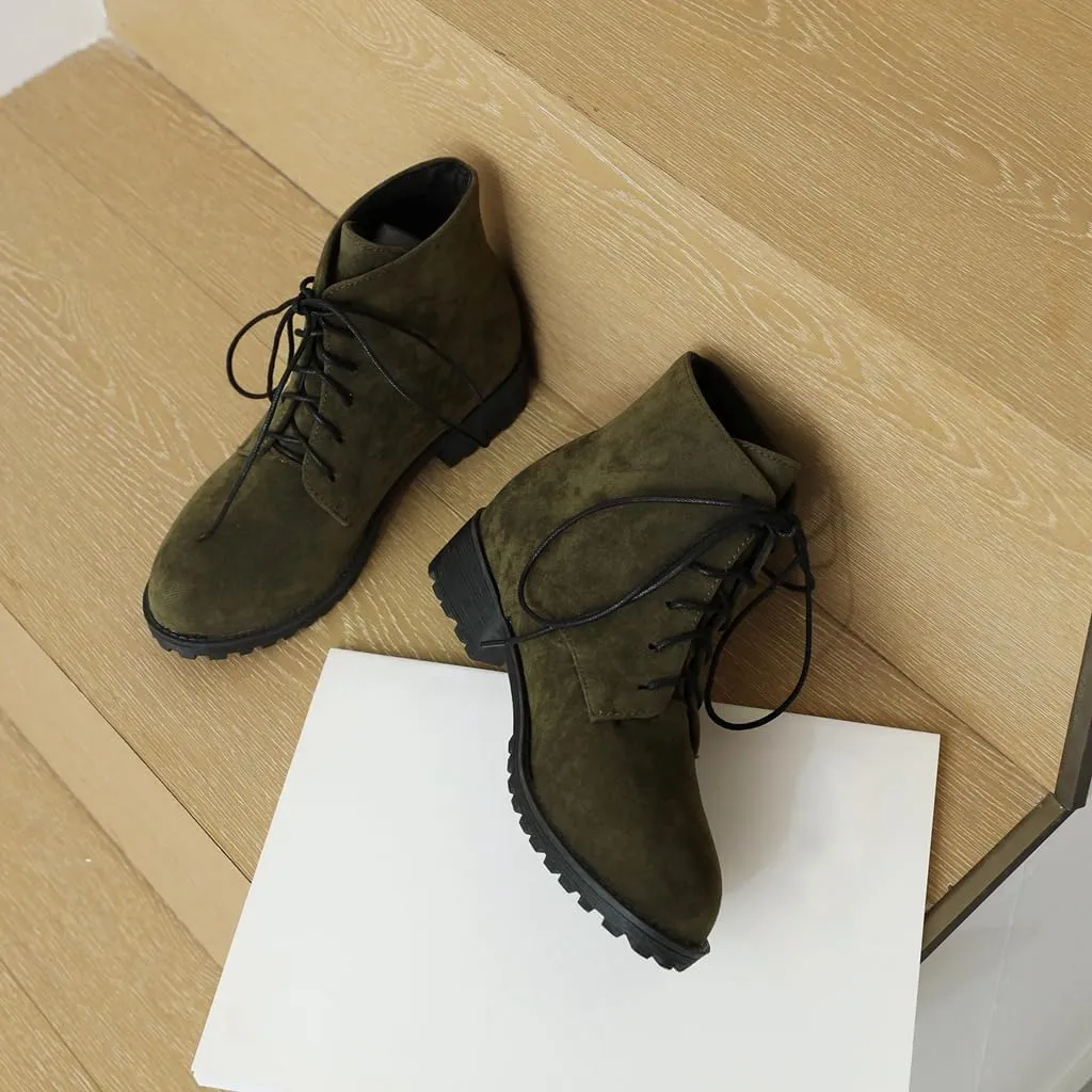 Flat Low Heels Lace Up Ankle Boots For Womens Casual Round Toe Suede Winter Dressy Short Booties