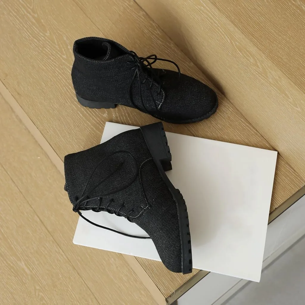 Flat Low Heels Lace Up Ankle Boots For Womens Casual Round Toe Suede Winter Dressy Short Booties