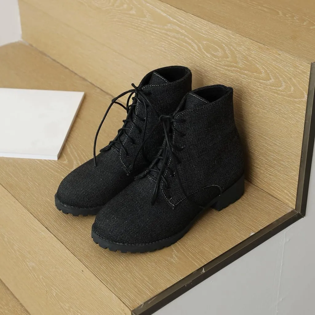 Flat Low Heels Lace Up Ankle Boots For Womens Casual Round Toe Suede Winter Dressy Short Booties