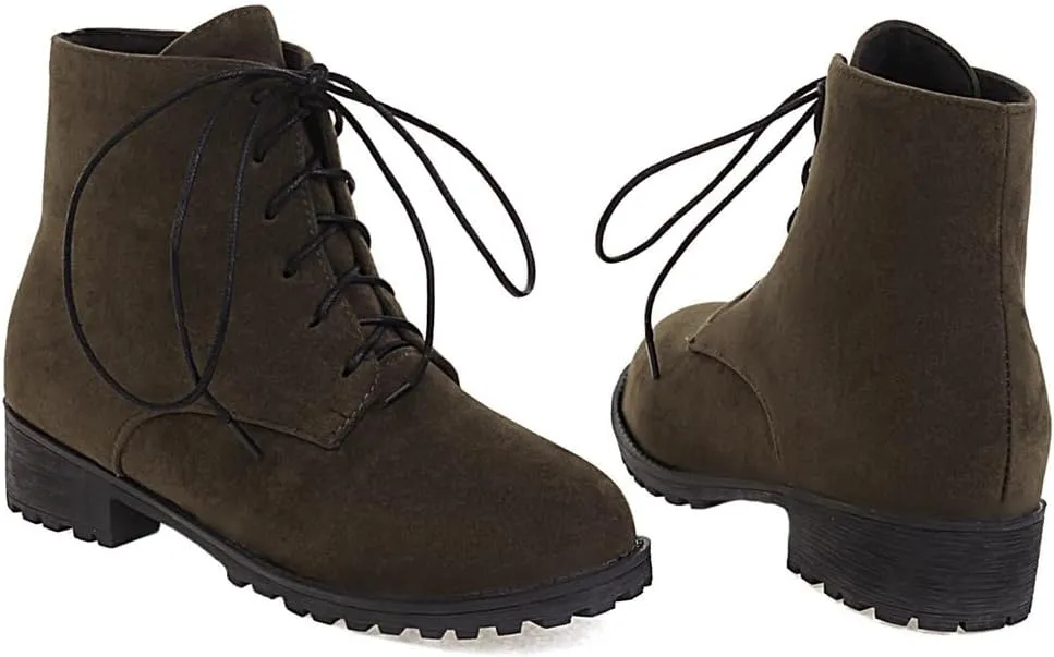 Flat Low Heels Lace Up Ankle Boots For Womens Casual Round Toe Suede Winter Dressy Short Booties
