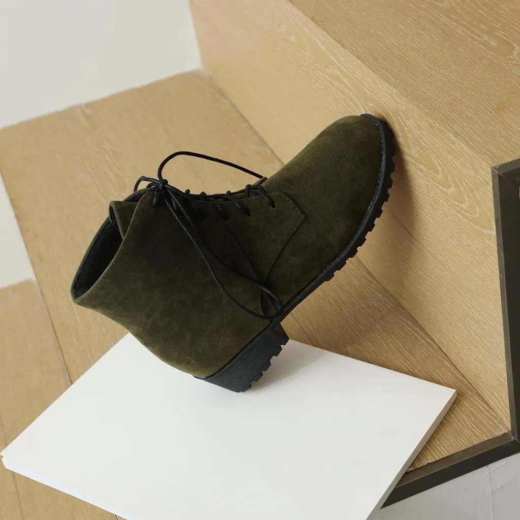 Flat Low Heels Lace Up Ankle Boots For Womens Casual Round Toe Suede Winter Dressy Short Booties
