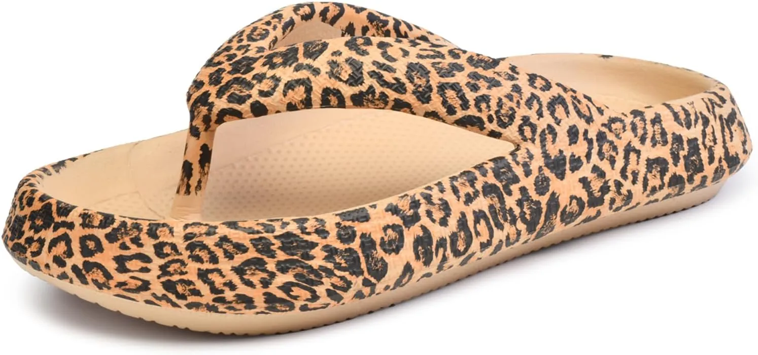 FLIOZY Leopard Print Flip Flops for Women & Men, EVA Soft Cloud Pillow Sandals, Non-Slip Platform Slippers, Cushioned Thong Slides for Indoor & Outdoor, Large Size ，Khaki, Gray, Pink, and Black