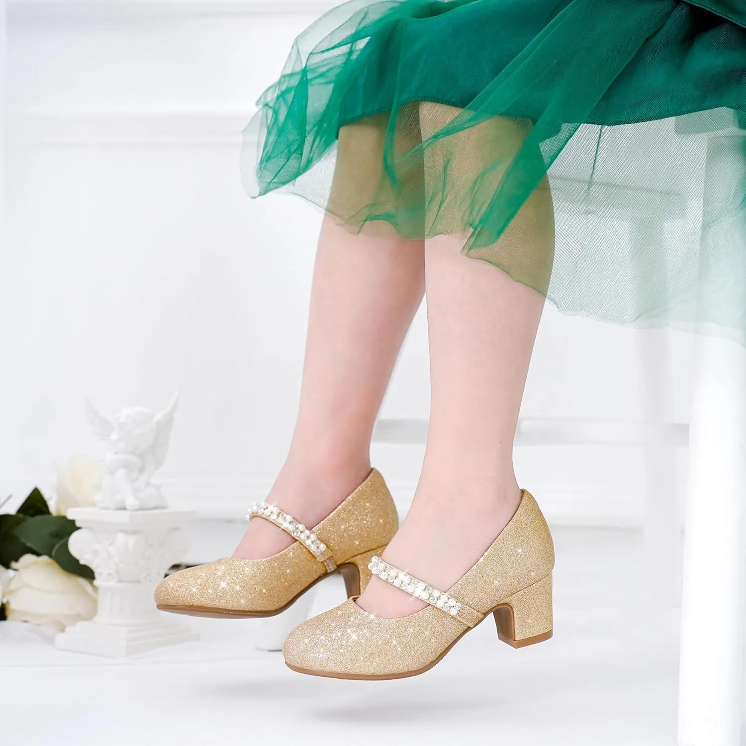 Flower Girl Shoes Kids High Heels Mary Jane Flats Cute Pearl Rhinestones Girls Dress Pumps Shoes for Church Wedding Party Little Big Kids