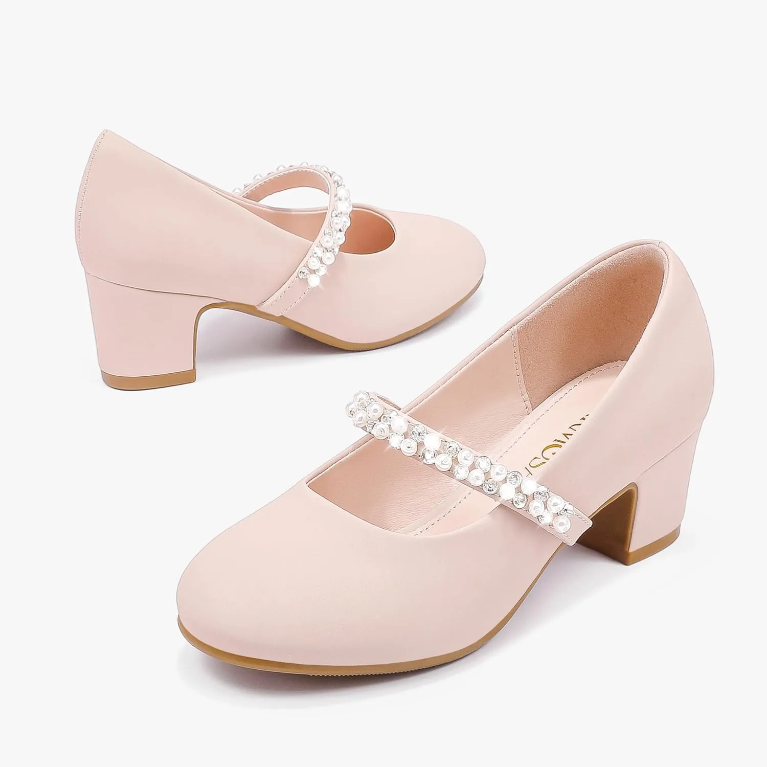 Flower Girl Shoes Kids High Heels Mary Jane Flats Cute Pearl Rhinestones Girls Dress Pumps Shoes for Church Wedding Party Little Big Kids