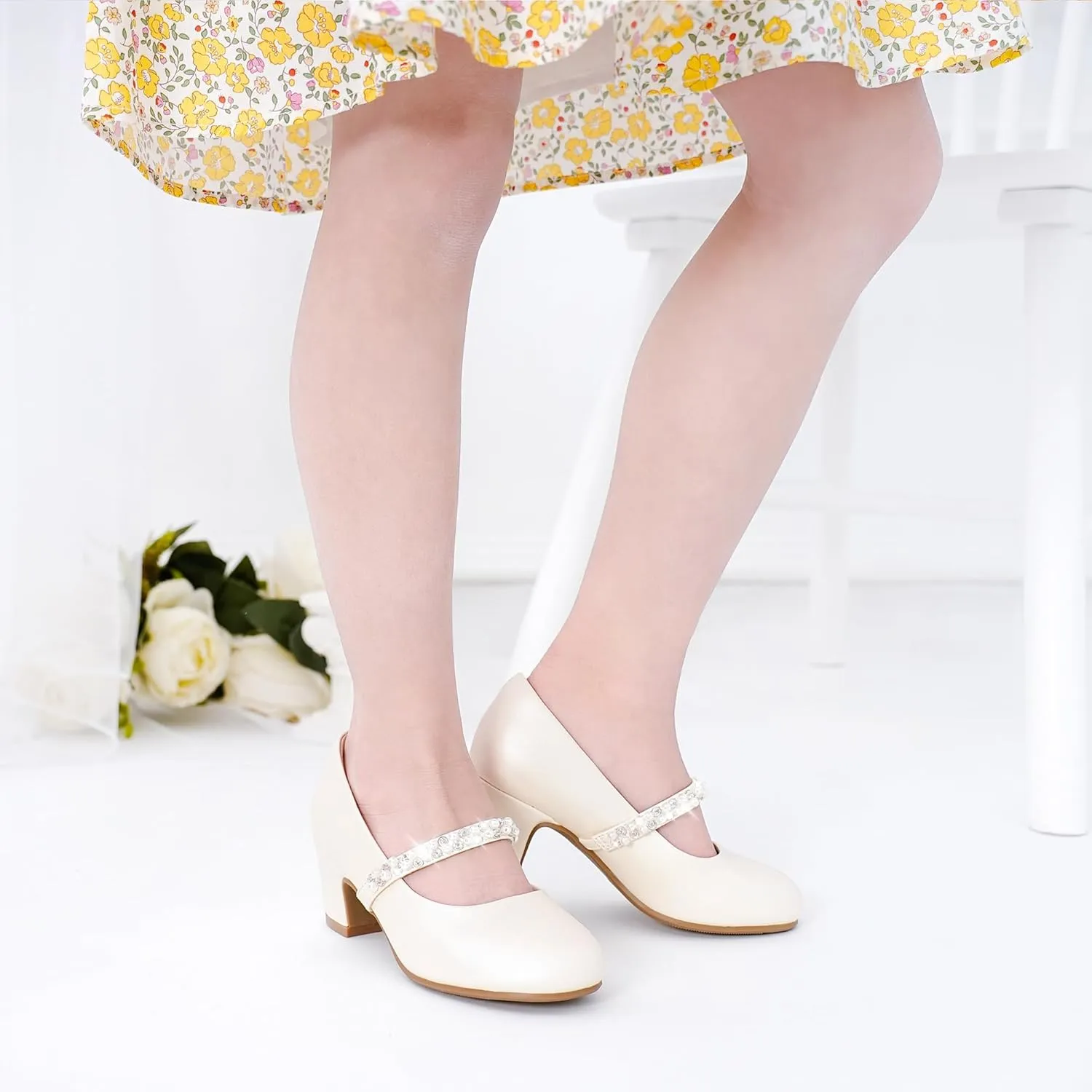 Flower Girl Shoes Kids High Heels Mary Jane Flats Cute Pearl Rhinestones Girls Dress Pumps Shoes for Church Wedding Party Little Big Kids