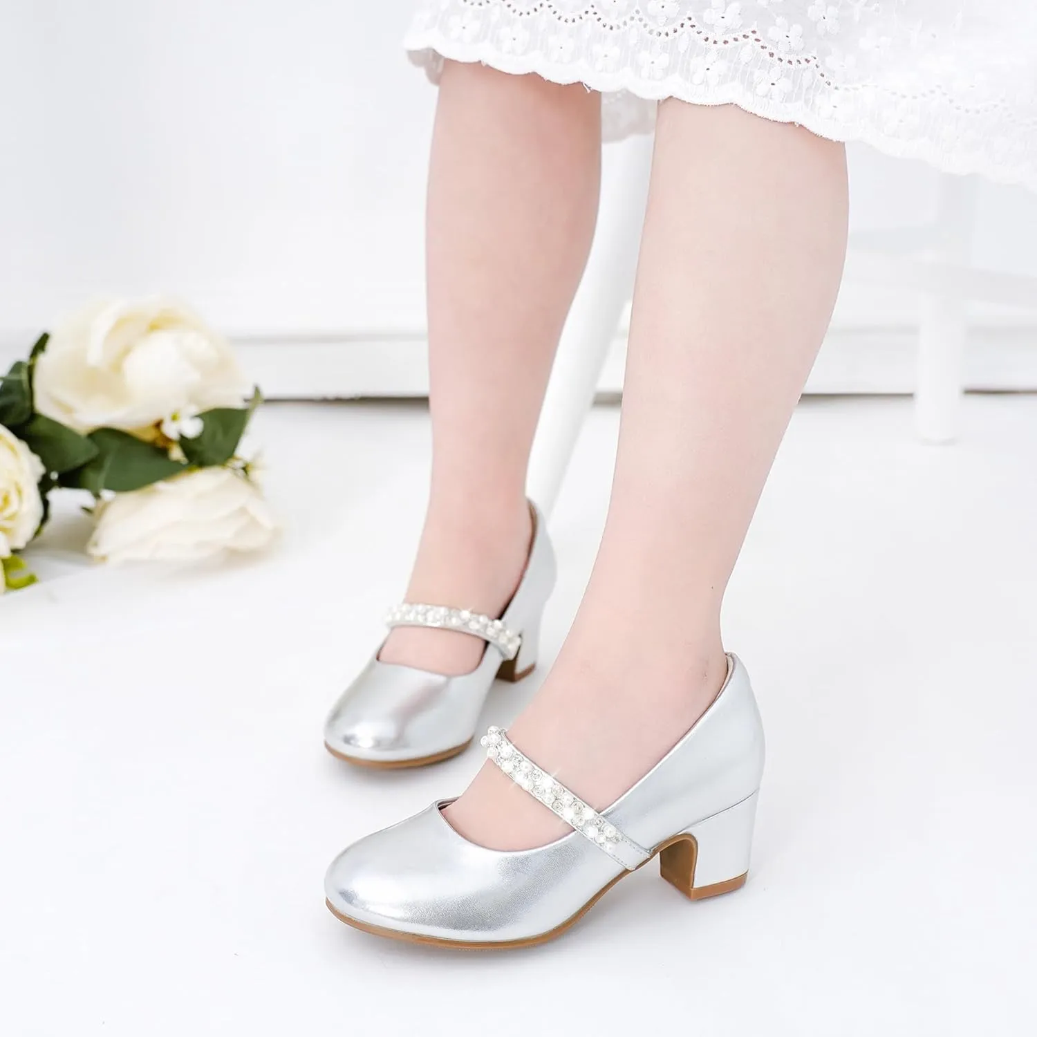 Flower Girl Shoes Kids High Heels Mary Jane Flats Cute Pearl Rhinestones Girls Dress Pumps Shoes for Church Wedding Party Little Big Kids